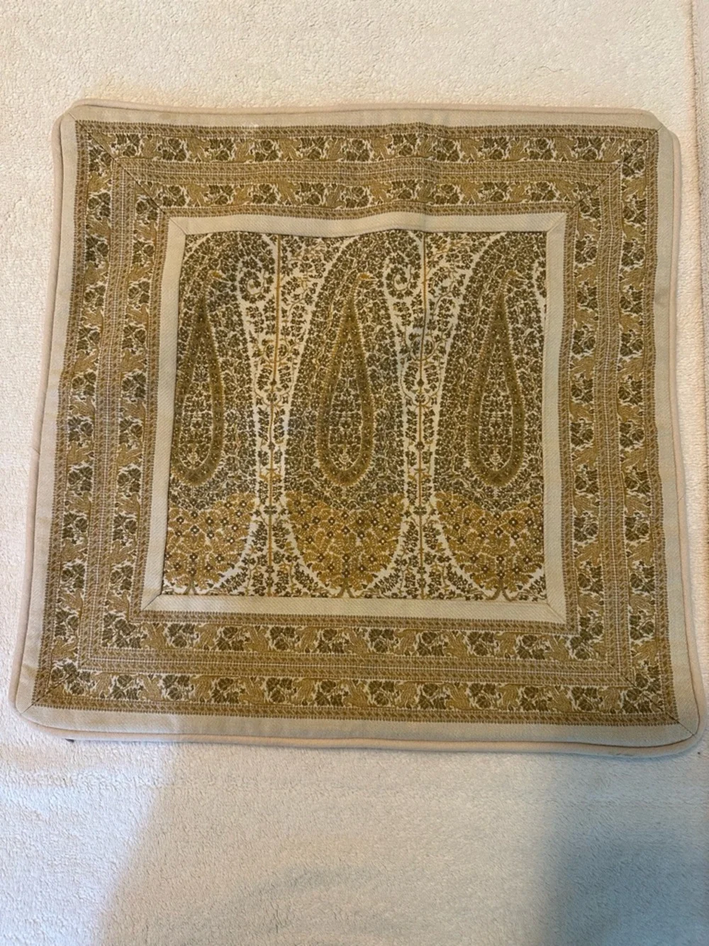 Vintage Pottery Barn Woven Gold Green Paisley Square Pillow Cover 18x18 Zipper